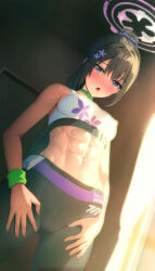 Rule 34 | 1girl, abs, absurdres, blue archive, blush, covered erect nipples, flower, hair flower, hair ornament, hair scrunchie, halo, highres, midriff, navel, pants, ponytail, scrunchie, sportswear, sumire (blue archive), sweat, tropic-mango-juice, wristband, yoga pants