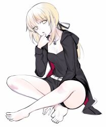 Rule 34 | 1girl, artoria pendragon (all), artoria pendragon (fate), barefoot, belt, black camisole, black hoodie, black ribbon, black shorts, blonde hair, breasts, camisole, cleavage, commentary request, fate/grand order, fate (series), full body, hair ribbon, hand on own chin, head tilt, highres, hood, hoodie, jewelry, long hair, long sleeves, looking at viewer, medium bangs, necklace, open hood, open mouth, pale skin, ribbon, saber alter, saber alter (ver. shinjuku 1999) (fate), shorts, simple background, small breasts, solo, tugmix, v-shaped eyebrows, white background, white belt, yellow eyes
