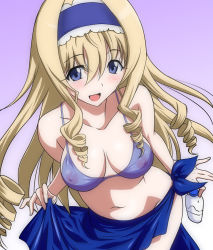Rule 34 | 10s, 1girl, bad id, bad pixiv id, bikini, blonde hair, blue eyes, blush, bottle, breasts, cecilia alcott, cleavage, covered erect nipples, curly hair, drill hair, hairband, infinite stratos, long hair, lotion, marugoshi teppei, open mouth, perspective, sarong, see-through, solo, sunscreen, swimsuit