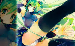 Rule 34 | artist request, breasts, cameltoe, covered erect nipples, green eyes, green hair, hatsune miku, highres, open mouth, panties, striped clothes, striped panties, underwear, vocaloid, wallpaper, zoom layer