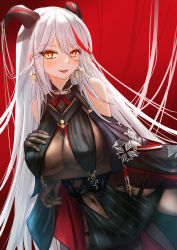 Rule 34 | 1girl, absurdly long hair, absurdres, aegir (azur lane), arm under breasts, azur lane, bare shoulders, black cape, black gloves, black horns, bodystocking, breast curtains, breast hold, breasts, cape, clothing cutout, covered navel, cross, cross-laced clothes, cross earrings, demon horns, earrings, elbow gloves, gloves, hair on horn, hand on own chest, highres, horns, iron cross, jewelry, large breasts, long hair, looking at viewer, multicolored hair, navel cutout, red hair, slit pupils, streaked hair, tage (tage1gg8), two-tone hair, underbust, very long hair, white hair, yellow eyes