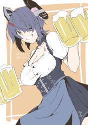 Rule 34 | 1girl, alcohol, apron, beer, beer mug, blue skirt, bodice, breasts, commentary request, cup, dirndl, dress, eyepatch, german clothes, grey apron, grin, headgear, highres, holding, kantai collection, large breasts, looking at viewer, mug, pinafore dress, puffy short sleeves, puffy sleeves, purple hair, short hair, short sleeves, skirt, sleeveless dress, smile, solo, taira yuuki, tenryuu (kancolle), waist apron, waitress, yellow eyes