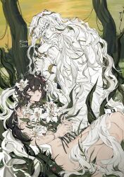 Rule 34 | 1girl, 1other, absurdly long hair, absurdres, black hair, blue eyes, degrees of lewdity, flower, highres, ivory wraith, lenereco, long hair, nude, player character (degrees of lewdity), stitches, very long hair, white hair