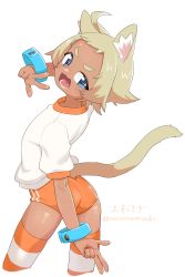 Rule 34 | + +, 1girl, :d, animal ear fluff, animal ears, ass, blue eyes, buruma, cat ears, cat girl, cat tail, commentary request, cropped legs, double v, gym shirt, gym uniform, highres, light brown hair, looking at viewer, looking back, open mouth, orange buruma, original, owasaki, puffy short sleeves, puffy sleeves, shirt, short eyebrows, short hair, short sleeves, simple background, smile, solo, striped clothes, striped thighhighs, tail, thick eyebrows, thighhighs, twitter username, v, v-shaped eyebrows, white background, white shirt