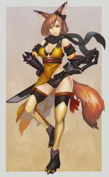 Rule 34 | 1girl, animal ears, bad id, bad pixiv id, bow, breasts, brown hair, cleavage, detached sleeves, fox ears, fox tail, hair bow, hand on own hip, looking at viewer, original, scarf, short hair, solo, sword, tail, thigh gap, thighhighs, veine, weapon, yellow eyes