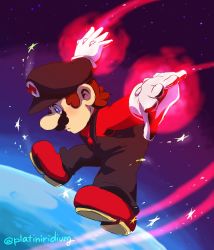 Rule 34 | alternate costume, blue eyes, boots, brown hair, facial hair, flying, gloves, glowing hands, highres, male focus, mario, mario (series), mustache, nintendo, outstretched arms, overalls, platiniridium, red shirt, shirt, simple background, solo, space, super smash bros., white gloves