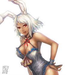 10s 1girl 2010 animal_ears bad_id bad_pixiv_id bare_shoulders breasts cleavage dark-skinned_female dark_skin fake_animal_ears female_focus hand_on_own_hip large_breasts leotard lieqi_hun lipstick makeup orange_eyes original parted_lips playboy_bunny rabbit_ears red_eyes short_hair simple_background solo white_hair wrist_cuffs