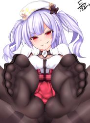 Rule 34 | 1girl, ajax (azur lane), azur lane, blush, feet, foot focus, grin, hat, highres, long hair, looking at viewer, no shoes, pantyhose, pov, red eyes, silver hair, smile, soles, toes, twintails