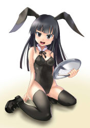 Rule 34 | 1girl, :p, animal ears, bad id, bad pixiv id, bare shoulders, black hair, black thighhighs, blunt bangs, breasts, cleavage, derivative work, detached collar, fake animal ears, female focus, grey eyes, houraisan kaguya, kisetsu kinoko, leotard, long hair, note, open mouth, playboy bunny, rabbit ears, rabbit tail, small breasts, smile, solo, tail, thighhighs, tongue, tongue out, touhou, tray, tsurime, wrist cuffs