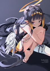 Rule 34 | 1girl, barefoot, black dress, blue eyes, blunt bangs, blush, closed mouth, dress, feet, gradient hair, halo, hololive, hololive english, hugging own legs, knees to chest, knees up, legs, legs together, long hair, looking at viewer, low wings, mole, mole under eye, multicolored hair, ninomae ina&#039;nis, ninomae ina&#039;nis (1st costume), no shoes, orange hair, pointy ears, purple hair, sidelocks, sitting, soles, solo, strapless, strapless dress, sydus, tentacle hair, toes, tube dress, very long hair, virtual youtuber, wings