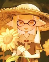 1girl :d blonde_hair commentary_request dot_nose flower hat holding holding_flower inkling inkling_girl inkling_player_character kodak_painter long_hair looking_at_viewer nintendo open_mouth pointy_ears smile solo splatoon_(series) splatoon_3 standing straight-on sun_hat sunflower tentacle_hair yellow_eyes