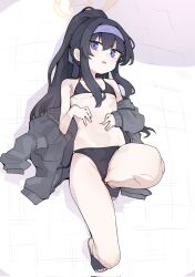 Rule 34 | 1girl, black footwear, black hair, blue archive, blush, breasts, collarbone, grey jacket, groin, hairband, halo, highres, jacket, long hair, navel, official alternate costume, open clothes, open jacket, open mouth, pearlgang e, purple eyes, purple hairband, shoes, small breasts, solo, stinky, ui (blue archive), ui (swimsuit) (blue archive), yellow halo