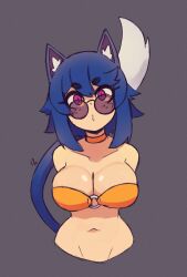 Rule 34 | 1girl, :o, absurdres, animal ear fluff, animal ears, arms behind back, bikini, blue hair, cat ears, cat girl, cat tail, collar, collarbone, doce, female focus, freckles, head tilt, highres, looking at viewer, navel, o-ring, o-ring bikini, original, parted lips, pink eyes, short hair, solo, sunglasses, swimsuit, tail, xiao (docecaedrus), yellow bikini