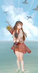 Rule 34 | 1girl, akagi (kancolle), arrow (projectile), blouse, blue sky, brown eyes, brown gloves, brown hair, cloud, cloudy sky, commentary request, contrail, day, feet out of frame, gloves, highres, kantai collection, long sleeves, muneate, outdoors, parted lips, pleated skirt, quiver, red skirt, shirt, skirt, sky, solo, standing, timbougami, wading, wringing clothes, wringing skirt