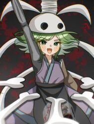 Rule 34 | 1other, a c bb, androgynous, arm up, blood, blood on clothes, blue trim, brown sleeves, commentary, detached sleeves, ex-sese, green eyes, green hair, highres, japanese clothes, kimono, kitsugai sese, len&#039;en, open mouth, other focus, purple kimono, short hair, single detached sleeve, skeletal arm, skull on head, sleeveless, sleeveless kimono, smile, solo, v-shaped eyebrows