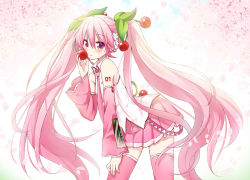 Rule 34 | 1girl, bare shoulders, blush, cherry blossoms, cherry hair ornament, commentary, cowboy shot, detached sleeves, food, food-themed hair ornament, fruit, hair ornament, hatsune miku, holding, holding food, holding fruit, holding hair ornament, leaf, leaning forward, long hair, looking at viewer, nail polish, necktie, petals, pink eyes, pink hair, pink skirt, pink sleeves, pink thighhighs, sakura miku, shirt, shoulder tattoo, skirt, sleeveless, sleeveless shirt, smile, solo, sudachi (calendar), tattoo, thighhighs, twintails, very long hair, vocaloid, zettai ryouiki