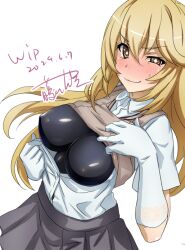 Rule 34 | 1girl, black one-piece swimsuit, black undershirt, blonde hair, blush, breasts, brown eyes, brown sweater vest, closed mouth, collared shirt, commentary, covered erect nipples, elbow gloves, fujikawa daichi, gloves, grey skirt, large breasts, lifting own clothes, long hair, looking at viewer, miniskirt, nervous smile, one-piece swimsuit, partially unbuttoned, pleated skirt, school uniform, shirt, shirt tucked in, shokuhou misaki, short sleeves, skirt, smile, solo, sparkling eyes, summer uniform, sweatdrop, sweater vest, sweater vest lift, swimsuit, swimsuit under clothes, toaru kagaku no mental out, toaru kagaku no railgun, toaru majutsu no index, tokiwadai school swimsuit, tokiwadai school uniform, uneven eyes, white background, white shirt