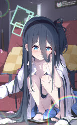 Rule 34 | 1girl, absurdres, anno (yukikaze 08), aris (blue archive), black hair, blue archive, blue eyes, highres, indoors, long hair, looking at viewer, open clothes, smile, solo