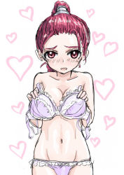 Rule 34 | androgynous, bra, braid, breasts, chrono trigger, cleavage, commentary request, flea (chrono trigger), gender request, groin, long hair, open mouth, panties, pink hair, pointy ears, ponytail, purple eyes, red hair, s-a-murai, single braid, solo, stomach, underwear, underwear only