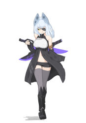 Rule 34 | 1girl, animal ears, bare shoulders, bike shorts, black footwear, black sclera, blue hair, boots, breasts, clenched teeth, coat, colored sclera, copyright request, doremi, eyepatch, full body, grey thighhighs, holding, holding weapon, knee boots, large breasts, long sleeves, off shoulder, one eye covered, open clothes, open coat, original, sharp teeth, simple background, solo, standing, sword, teeth, thighhighs, walking, weapon, white background, wide sleeves, yellow eyes