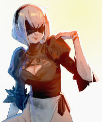 Rule 34 | 1girl, black blindfold, black hairband, blindfold, breasts, cleavage, cleavage cutout, clothing cutout, covered eyes, davecavedraws, feather-trimmed sleeves, gradient background, grey hair, hairband, hand up, highleg, highleg leotard, highres, juliet sleeves, leotard, long sleeves, nier:automata, nier (series), puffy sleeves, short hair, smile, solo, white leotard, 2b (nier:automata)