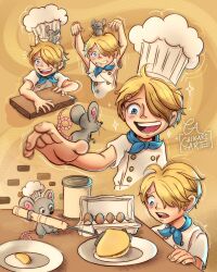 1boy aged_down animal blonde_hair blue_eyes blue_necktie chikariart child clenched_teeth commentary curly_eyebrows egg english_commentary hair_over_one_eye highres holding mouse_(animal) mouse_on_head multiple_views necktie one_piece open_mouth sanji_(one_piece) smile sparkle teeth watermark