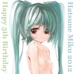 Rule 34 | 10s, 1girl, 2012, alternate eye color, breasts, brown eyes, character name, collarbone, ephtracy, female focus, happy birthday, hatsune miku, light smile, long hair, looking away, no nipples, nude, solo, topless frame, twintails, upper body, vocaloid, white background
