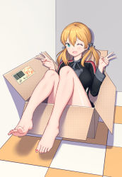 Rule 34 | 1girl, absurdres, anchor hair ornament, aqua eyes, blonde hair, box, breasts, cardboard box, corner, double v, hair ornament, highres, in box, in container, kantai collection, large breasts, long hair, long sleeves, low twintails, military, military uniform, nail polish, one eye closed, prinz eugen (kancolle), red nails, sitting, solo, twintails, uniform, v, xiaoxi0619