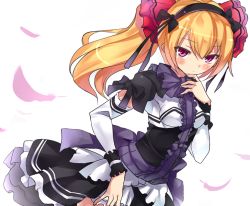 Rule 34 | 1girl, arm warmers, black dress, blonde hair, breasts, dress, expressionless, feathers, flower, frills, from above, gothic lolita, hair flower, hair ornament, hairband, kiyoichi, kiyoichi (acacia soukyoukai), lolita fashion, lolita hairband, looking at viewer, original, pink eyes, ribbon, simple background, solo, standing, white background