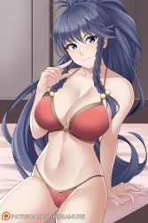 Rule 34 | 1girl, ahoge, aslindsamure, bikini, blue eyes, blue hair, blush, braid, breasts, cameltoe, cleavage, closed mouth, commentary, cowboy shot, english commentary, fire emblem, fire emblem: the sacred stones, fire emblem heroes, futon, hair between eyes, hair bobbles, hair ornament, highres, indoors, large breasts, long hair, looking at viewer, midriff, navel, nintendo, patreon username, ponytail, red bikini, side braids, sitting, smile, solo, string bikini, swimsuit, tana (fire emblem), thighs, twin braids