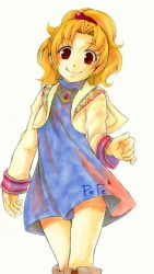 Rule 34 | 1girl, blonde hair, blush, closed mouth, colored pencil (medium), commentary request, dress, final fantasy, final fantasy v, krile mayer baldesion (ff5), looking at viewer, marker (medium), medium hair, pepe (cxc), ponytail, simple background, smile, solo, traditional media, white background