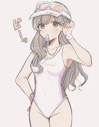Rule 34 | 1b 104, 1girl, adjusting hair, blowing whistle, breasts, cameltoe, collarbone, cowboy shot, eyelashes, goggles, goggles on headwear, grey hair, groin, hand on own hip, highres, idolmaster, idolmaster shiny colors, light blush, long hair, looking at viewer, medium breasts, mouth hold, one-piece swimsuit, purple eyes, simple background, solo, sound effects, swimsuit, tareme, translated, whistle, whistle around neck, white background, white headwear, white swimsuit, yukoku kiriko