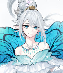 Rule 34 | 1other, bare shoulders, blue eyes, blue wings, braid, butterfly wings, closed mouth, fairy, final fantasy, final fantasy xiv, floating hair, hair between eyes, highres, insect wings, jewelry, long hair, necklace, pointy ears, ppower (lu power), silver hair, single braid, solo, tiara, titania (final fantasy), upper body, wings