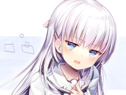 Rule 34 | 1girl, blue eyes, character request, chi no, collarbone, hair ornament, hairclip, long hair, naruse shiroha, open mouth, portrait, sailor collar, silver hair, solo, summer pockets, white background, white sailor collar
