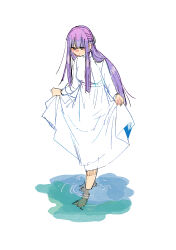 Rule 34 | 1girl, barefoot, blunt bangs, dress, expressionless, fern (sousou no frieren), full body, highres, long hair, looking down, official art, purple hair, sidelocks, simple background, sketch, skirt hold, solo, sousou no frieren, standing, wading, water, white background, white dress