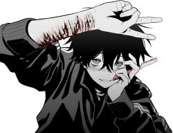 Rule 34 | 1boy, absurdres, arm up, bags under eyes, black hair, blood, blush, boxcutter, commentary, hair between eyes, hand on own face, highres, holding, holding boxcutter, imai akira, jacket, long sleeves, looking at viewer, male focus, monochrome, original, self-harm, short hair, simple background, smile, solo, spot color, symbol-only commentary, track jacket, upper body, v, white background, wrist cutting