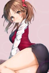 Rule 34 | 1girl, black skirt, blush, bow, breasts, brown eyes, brown hair, closed mouth, commentary request, hair bow, head tilt, highres, idolmaster, idolmaster cinderella girls, kuria (clear trip second), large breasts, long sleeves, looking at viewer, looking to the side, parted bangs, petals, red bow, red vest, shirt, skirt, solo, sweat, totoki airi, twintails, vest, white shirt
