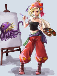 Rule 34 | 1girl, art brush, bare shoulders, blonde hair, blue eyes, breasts, cleavage, closed mouth, commentary request, earrings, final fantasy, final fantasy vi, hat, haya (ahalf), highres, jewelry, looking at viewer, navel, ultros, paintbrush, relm arrowny, short hair, smile