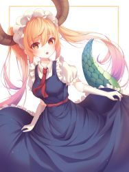 Rule 34 | 1girl, :o, absurdres, bbeedol, blue dress, breasts, commentary request, dragon girl, dragon horns, dragon tail, dress, fang, floating hair, frills, highres, horns, kobayashi-san chi no maidragon, long hair, looking at viewer, maid headdress, medium breasts, necktie, open mouth, orange eyes, orange hair, puffy short sleeves, puffy sleeves, red necktie, scales, short sleeves, sidelocks, skirt hold, slit pupils, solo, tail, tohru (maidragon), twintails, wing collar