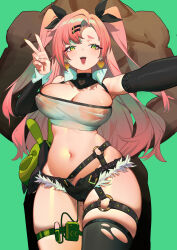 Rule 34 | 1girl, absurdres, bangboo (zenless zone zero), bare shoulders, black ribbon, black shorts, blush, breasts, cleavage, clothed female nude male, crop top, green eyes, hair ornament, hair ribbon, hairclip, highres, kunkun pa, large breasts, long hair, looking at viewer, midriff, mole, navel, nicole demara, nipples, nude, open mouth, pink hair, pussy juice, pussy juice drip through clothes, ribbon, see-through, see-through shirt, selfie, sex toy, shorts, skindentation, smile, strapless, thick eyebrows, thick thighs, thighs, tube top, two side up, v, vibrator, vibrator under clothes, wide hips, zenless zone zero