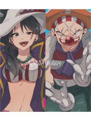 Rule 34 | 1boy, 1girl, alvida (one piece), ascot, black eyes, black hair, blue hair, buggy the clown, character name, clown nose, commentary request, cowboy hat, earrings, facepaint, facial hair, gloves, hat, hat feather, highres, jewelry, lips, lipstick, long hair, looking at viewer, magatama 711, makeup, midriff, navel, necklace, one piece, open mouth, pearl earrings, pearl necklace, pirate hat, red lips, red nose, smile, teeth, white gloves