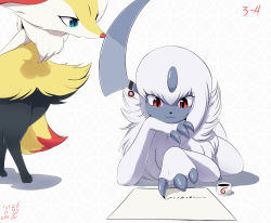 Rule 34 | 1girl, :3, absol, absurdres, alternate eye color, animal hands, animal nose, arms behind back, artist name, black fur, blue eyes, body fur, braixen, claws, closed mouth, creatures (company), dated, eryz, female focus, finger writing, flat chest, fluffy, fox girl, fox tail, furry, furry female, game freak, gen 3 pokemon, gen 6 pokemon, hand up, happy, head rest, highres, horn ornament, horns, ink, inkwell, leaning forward, looking at another, looking down, lying, mega stone, nintendo, on side, open mouth, paper, pokemon, pokemon (creature), red eyes, short hair, signature, simple background, smile, snout, standing, tail, white background, white fur, white hair, writing, yellow fur
