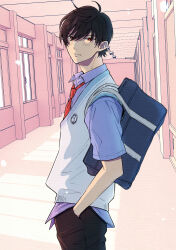 Rule 34 | 1boy, absurdres, bag, black hair, black pants, blue shirt, blush, ceiling, closed mouth, collared shirt, from side, habataki academy school uniform, hair over eyes, hand in pocket, highres, indoors, kazama ryouta, looking at viewer, looking to the side, male focus, minato (pixiv31986490), necktie, pants, red necktie, school, school bag, school uniform, shirt, short hair, short sleeves, solo, sweater vest, tokimeki memorial, tokimeki memorial girl&#039;s side 4th heart, untucked shirt