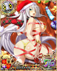 Rule 34 | 1girl, aqua eyes, ass, bikini, blush, bound, bow, bow bikini, box, breasts, card (medium), character name, chess piece, christmas, cleavage, embarrassed, covered erect nipples, gift, gift box, gold bikini, hair ribbon, hat, high school dxd, high school dxd pi, large breasts, long hair, looking at viewer, official art, one eye closed, open mouth, ribbon, ribbon bondage, rook (chess), rossweisse, santa hat, scarf, silver hair, solo, swimsuit, trading card, very long hair