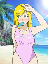 Rule 34 | 1girl, arms up, artist name, beach, blonde hair, blush, breasts, digimon, digimon frontier, food, green eyes, highres, ice cream, long hair, looking away, medium breasts, one-piece swimsuit, orimoto izumi, popsicle, purple one-piece swimsuit, swimsuit