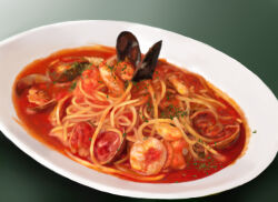 Rule 34 | clam, food, food focus, jiji (kbj0225), no humans, noodles, original, pasta, plate, shrimp, spaghetti, still life