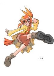 Rule 34 | &gt;:o, 1girl, :o, bike shorts, blonde hair, blush, boots, breasts, brown footwear, clenched hand, combusken, creatures (company), dress, eyelashes, eyes visible through hair, folded ponytail, full body, game freak, gen 3 pokemon, hair between eyes, jacket, kicking, kneepits, long sleeves, mamecho (ageatcosh), multicolored hair, nintendo, open clothes, open jacket, orange dress, orange eyes, orange hair, personification, pokemon, pokemon oras, pokemon rse, short dress, short hair, sidelocks, simple background, sleeves past wrists, small breasts, solo, tongue, tsurime, two-tone hair, upskirt, v-shaped eyebrows, white background, yellow jacket