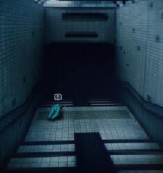 Rule 34 | !, 1girl, aqua hair, chibi, commentary request, dark, film grain, from behind, hair ornament, handrail, hatsune miku, highres, kyomu 305, long hair, mini person, minigirl, notice lines, scenery, solo, spoken exclamation mark, stairs, standing, subway station, tactile paving, twintails, very long hair, vocaloid, wide shot