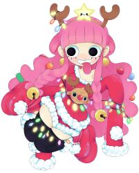 Rule 34 | 1girl, :3, absurdres, artist request, big hair, black eyes, breasts, character print, chibi, christmas, christmas dress, christmas lights, christmas ornaments, curvy, dress, fake horns, floating, grin, highres, horns, long hair, long sleeves, long tongue, medium breasts, one piece, perona, pink hair, red dress, shirt, simple background, smile, solo, tongue, tongue out, tony tony chopper, very long hair, white background