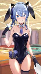 Rule 34 | 1girl, absurdres, animal ears, annoyed, ascot, bad id, bad twitter id, bare shoulders, black choker, black gloves, black leotard, blue eyes, blue hair, blush, bow, bowtie, breasts, casino, choker, cleavage, clenched teeth, commentary request, cowboy shot, cup, detached collar, fake animal ears, glint, gloves, grimace, hair ornament, hairband, hand up, highres, holding, holding cup, holding plate, hololive, hoshimachi suisei, indoors, leotard, looking at viewer, medium hair, neckerchief, plaid, plaid bow, plate, playboy bunny, purple neckerchief, rabbit ears, revision, ribbon, roulette table, scowl, single thighhigh, small breasts, solo, standing, strapless, strapless leotard, sweat, table, teeth, thigh gap, thighhighs, towrituka, virtual youtuber, wrist cuffs